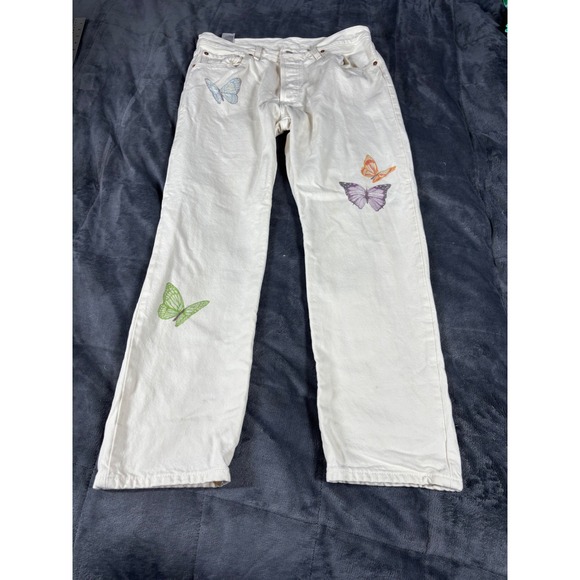 Levi's Denim - Levis 501 Original Fit‎ Butterfly Graphic Jeans Off White  Straight Leg 31x27